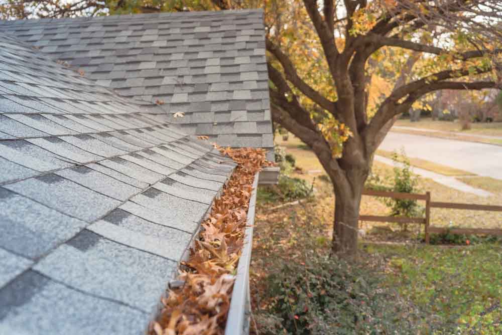 Front,Yard,Clogged,Gutter,Near,Roof,Shingles,Of,Residential,House