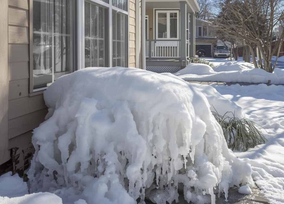 Snow and icicles cover bushes beside a house window. In the background, a snowy lawn leads to neighboring homes.