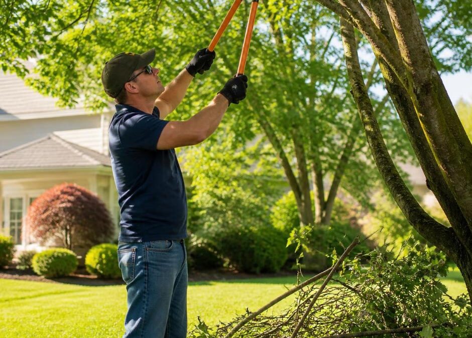 A man using scissors to trim branches from a tree in a garden setting.